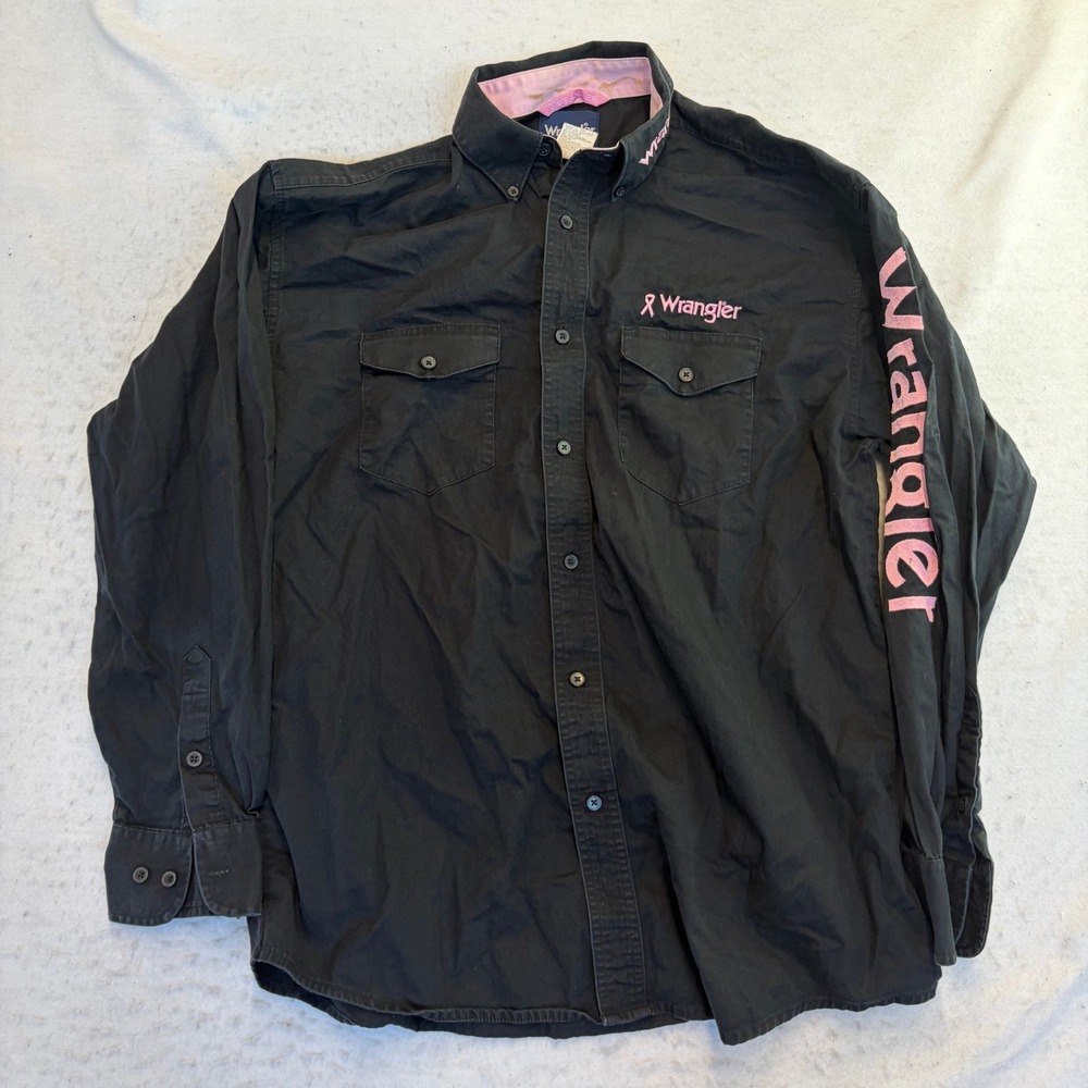 Wrangler Button Down Shirt Mens Medium Black Pink Tough Enough To Wear Pink Logo